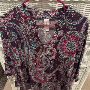 Ladies Honeyme Gabby Ruffle Sleeve Top- Plum Paisley- Medium